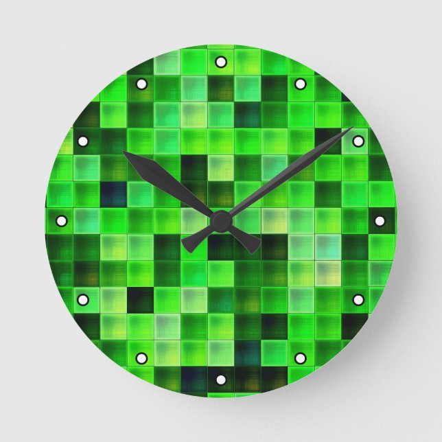 Game Pixels Green Square Muster mit Punkten Runde Wanduhr (Vorderseite)