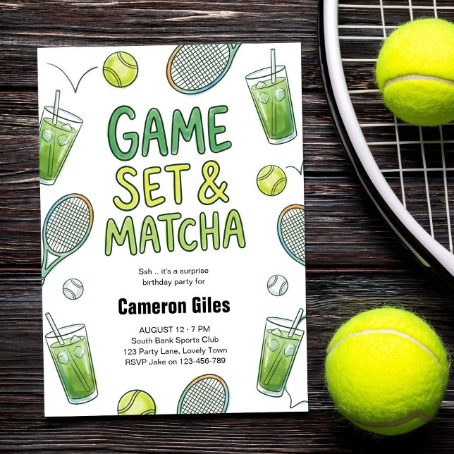 Game Set and Matcha Tennis Surprise Birthday Einladung (Invitation for tennis player, coach or tennis club with fun matcha and tenniscore aesthetic.)