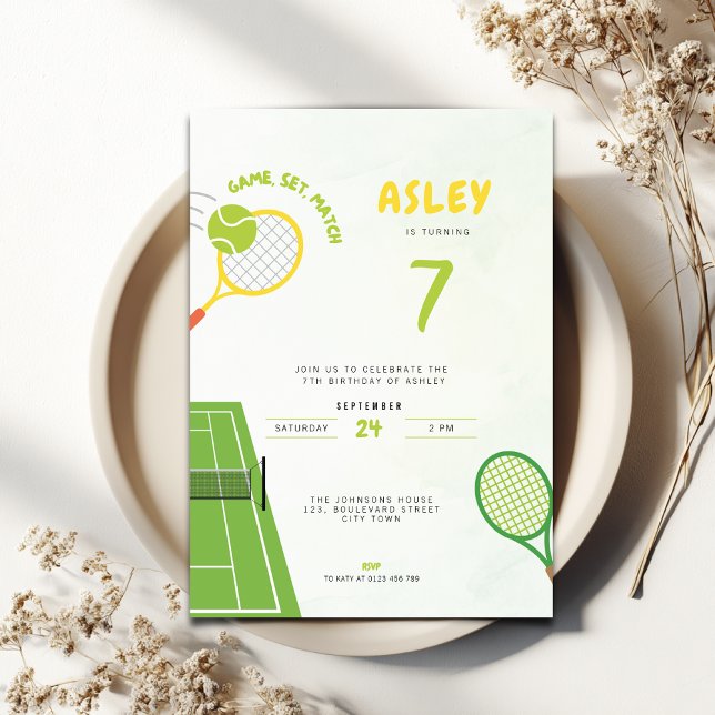 Game, Set, Match Tennis Party Trendy 7th Birthday Einladung (Tennis Themed 7th birthday invitation for boys and girls)