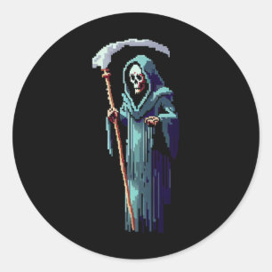 Gamer 8 Bit Pixel Art Video Game Grim Sensenmann v Runder Aufkleber