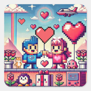Gamer 8 Bit Valentinstag Quadratischer Aufkleber