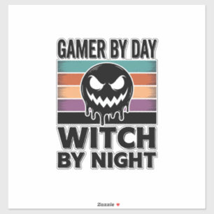 Gamer bei Tag, Hexe bei Nacht Retro-Halloween-Desi Aufkleber