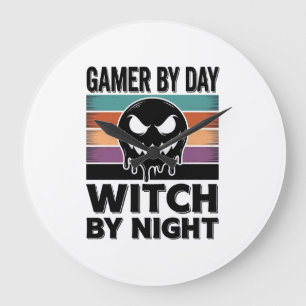 Gamer bei Tag, Hexe bei Nacht Retro-Halloween-Desi Große Wanduhr