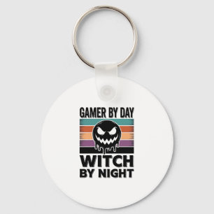 Gamer bei Tag, Hexe bei Nacht Retro Halloween-Desi Schlüsselanhänger