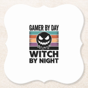 Gamer bei Tag, Hexe bei Nacht Retro Halloween-Desi Untersetzer