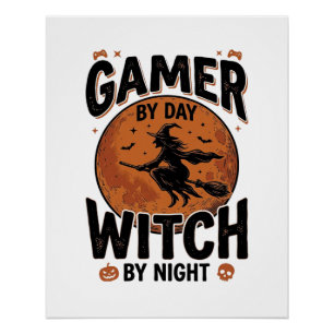 Gamer bei Tag, Hexe bei Nacht, Vintage-Gaming-Desi Poster