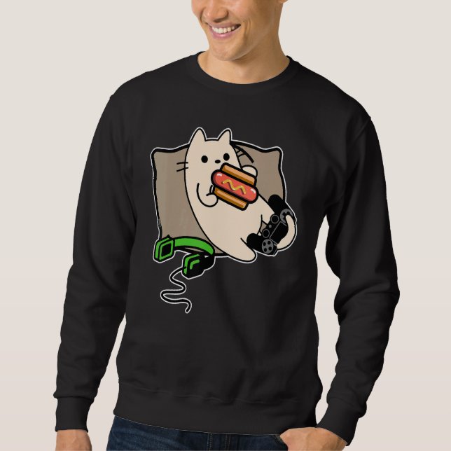 Gamer Cat Eating Hot Dog Game Loading Sweatshirt (Vorderseite)