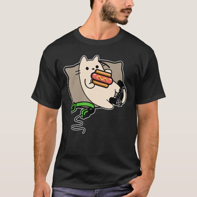 Gamer Cat Eating Hot Dog Game Loading T-Shirt (Vorderseite)