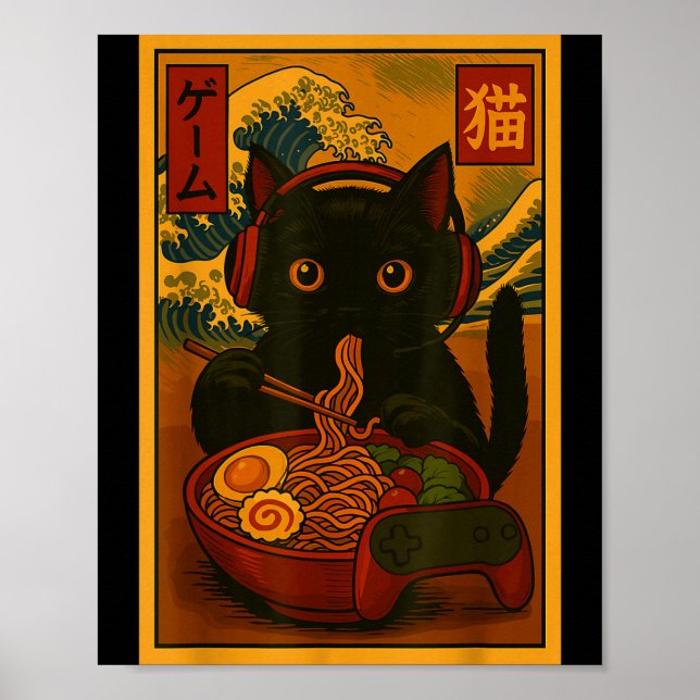 Gamer Cat Eating Ramen Japanese Style  Poster (Vorne)