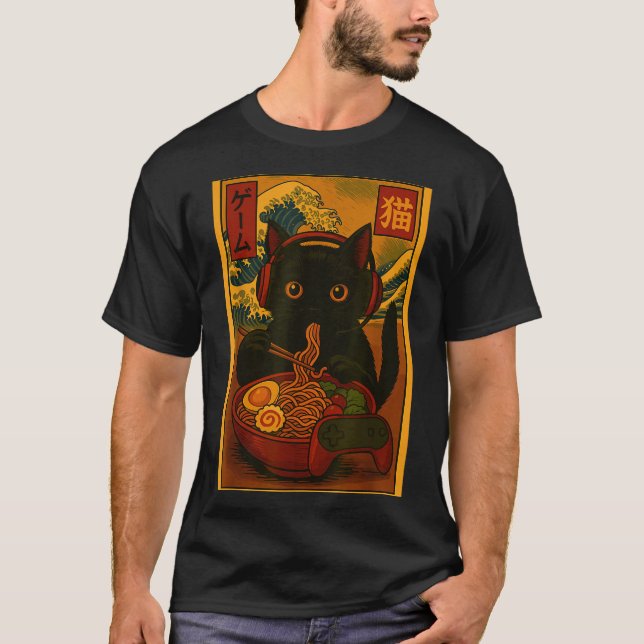 Gamer Cat Eating Ramen Japanese Style  T-Shirt (Vorderseite)