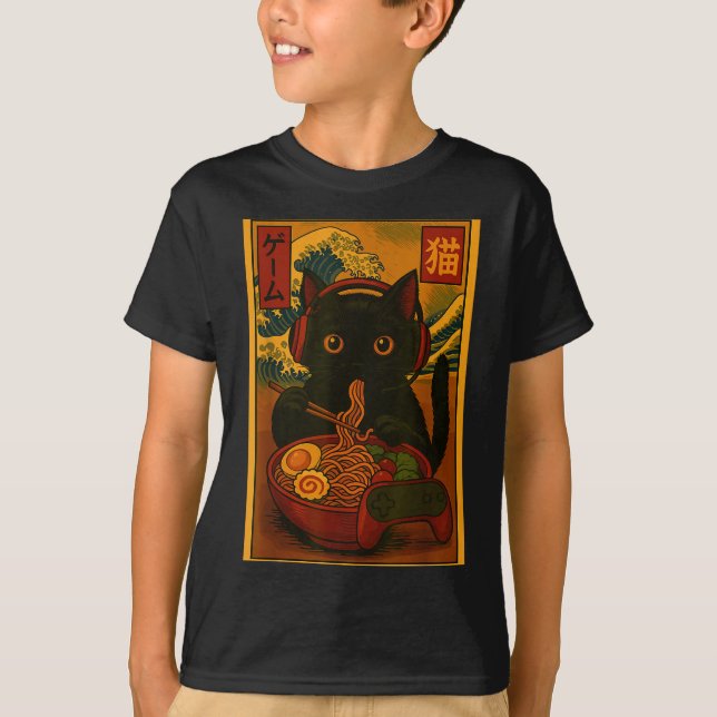 Gamer Cat Eating Ramen Japanese Style  T-Shirt (Vorderseite)