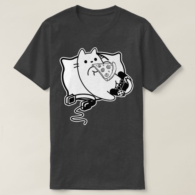 Gamer Cat Girl Boy lädt Pizza, Headset und Pad T-Shirt (Design vorne)