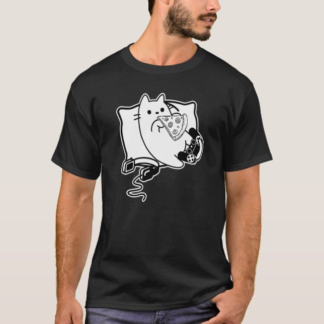 Gamer Cat Girl Boy loading Pizza Headset and Pad T-Shirt (Vorderseite)