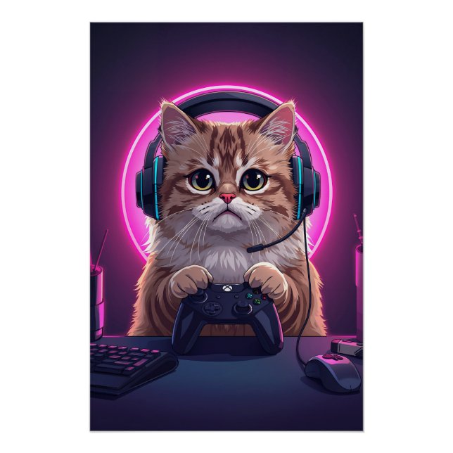 Gamer Cat Kids Poster – Lustiges Cartoon Kätzchen (Vorderseite)