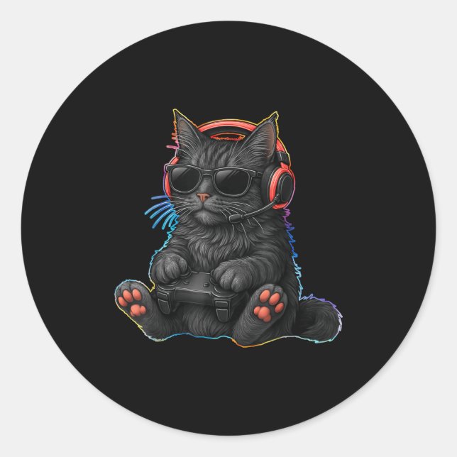 Gamer Cat Video Games Boys Teen Men Girls Funny Ga Runder Aufkleber (Vorderseite)