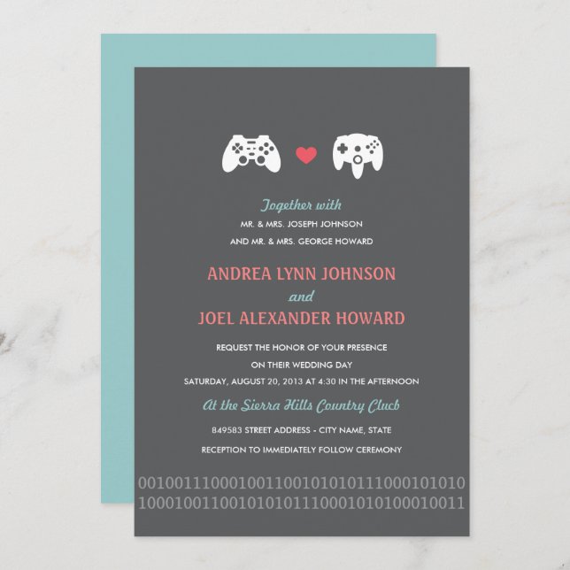 Gamer Controller Liebe Wedding Invites - Red & Gre Einladung (Vorne/Hinten)