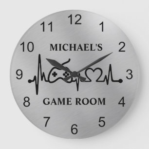 Gamer Gaming Heartbeat Monogram Silver Große Wanduhr
