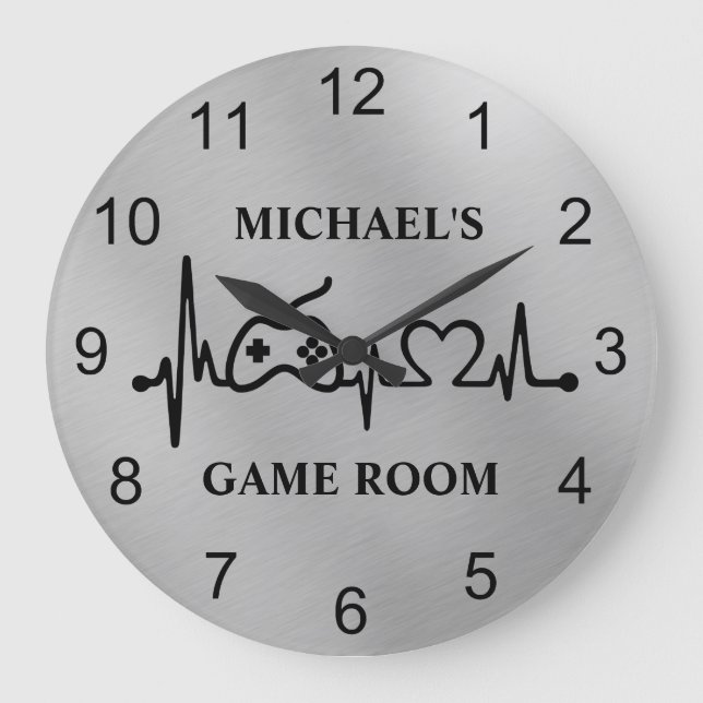 Gamer Gaming Heartbeat Monogram Silver Große Wanduhr (Vorderseite)