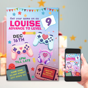 Gamer Girl Colorful Pink Video Game Geburtstag Einladung