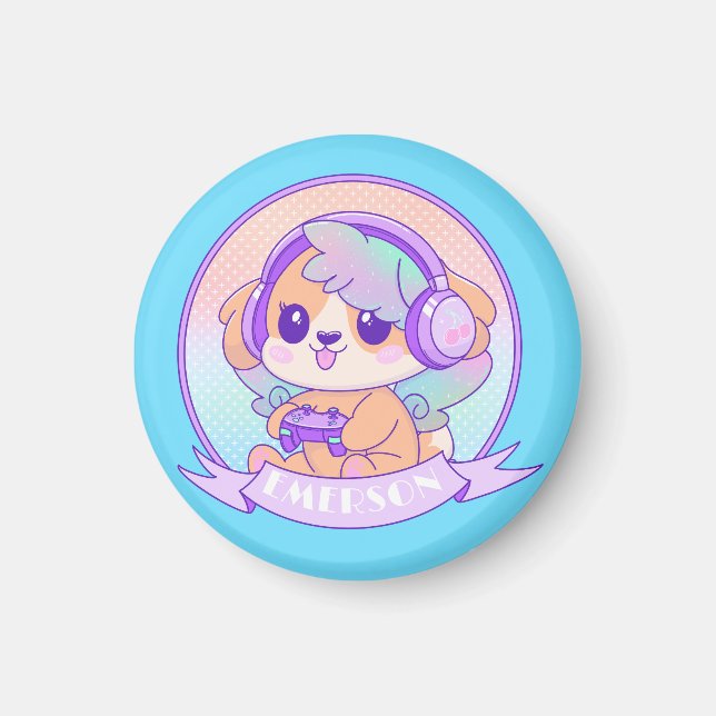 Gamer Girl Kawaii Chibi Dog & Headphones Baby Blue Magnet (Vorne)