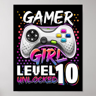 Gamer Girl Level 10 Entsperrtes Videospiel Geburts Poster