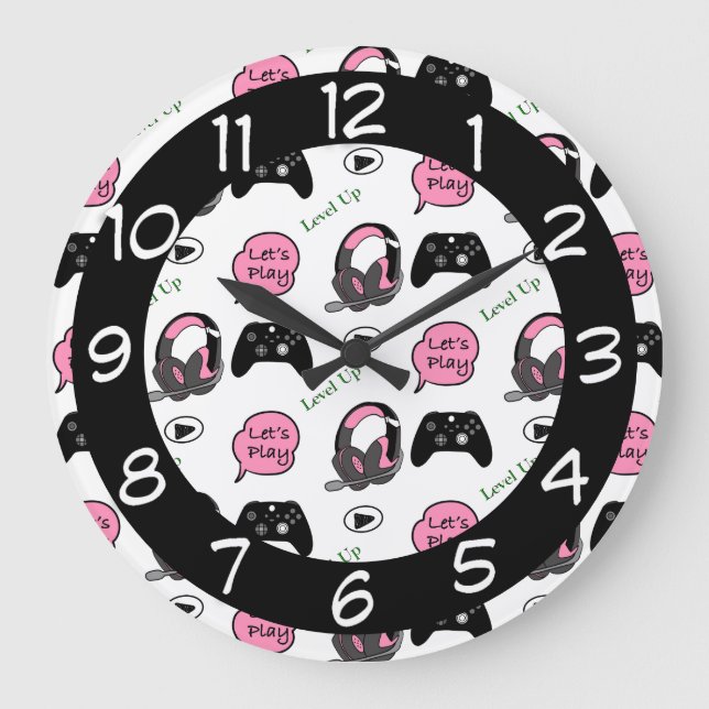 Gamer Girl Pink und Black Große Wanduhr (Vorderseite)