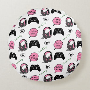 Gamer Girl Pink und Black Rundes Kissen
