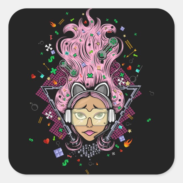 Gamer Girl Quadratischer Aufkleber (Vorderseite)