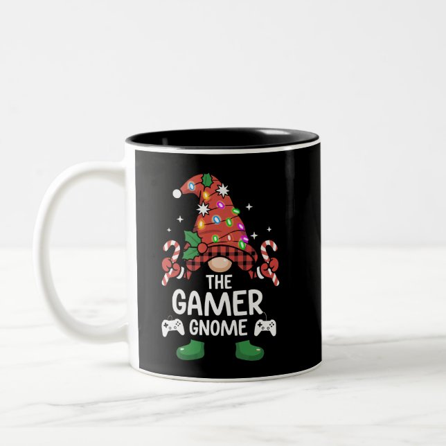Gamer Gnome Buffalo Kariert Matching Family Xmas Zweifarbige Tasse (Links)