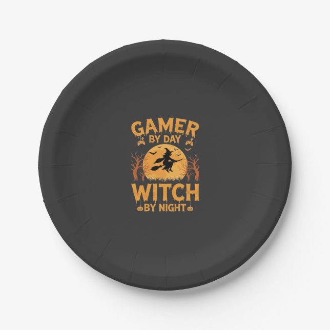 Gamer-Hexe Halloween-Gaming-Design Pappteller (Vorderseite)