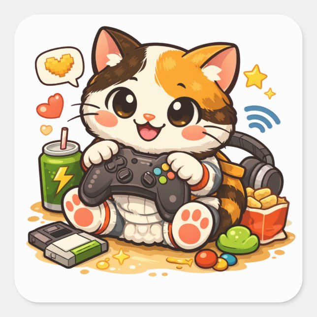 Gamer-Katze mit Controller | Lustiges Gaming-Katze Quadratischer Aufkleber (Vorderseite)