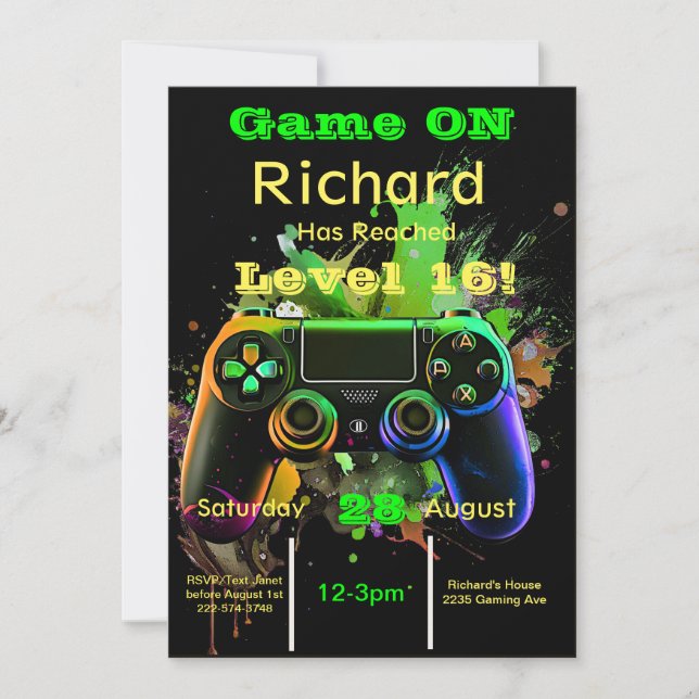 Gamer, Next Level, Player One, 16. Video Game Einladung (Vorderseite)