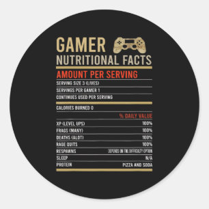 Gamer Nutritional Facts Cool Gamer Video Game Fun Runder Aufkleber