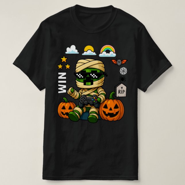 Gamer Pixel Kürbis Mumie Männer Kinder Junge Hallo T-Shirt (Design vorne)
