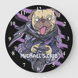 Gamer Pug Ninja Neon Look Teens Graphics Gift Cool Große Wanduhr