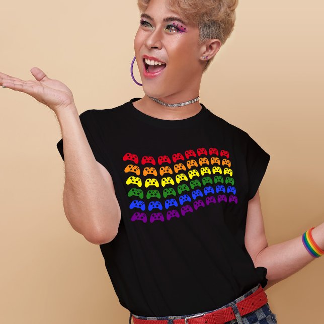 Gamer Rainbow Controller Gay Pride Flag T-Shirt (Mockup of LGBT youth wearing t-shirt. Mockup by our-team on Freepik)