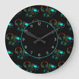 Gamer Retro Neon Pattern Black Große Wanduhr