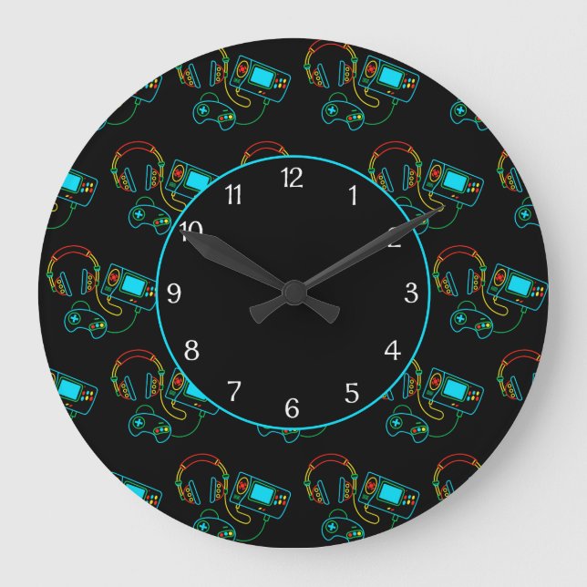 Gamer Retro Neon Pattern Black Große Wanduhr (Vorderseite)