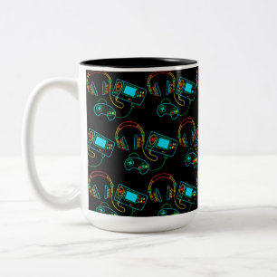 Gamer Retro Neon Pattern Black Zweifarbige Tasse