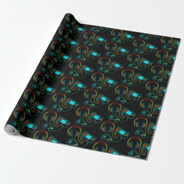 Gamer Retro Neon Pattern Geschenkpapier (Ungerollt)