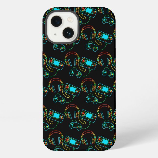 Gamer Retro Neon Pattern iPhone Hülle (Rückseite)