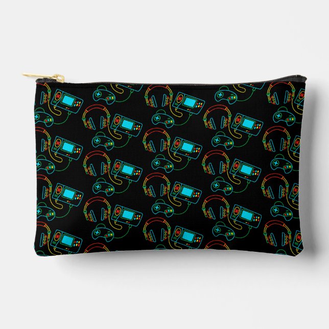 Gamer Retro Neon Pattern Zubehörtasche (Vorderseite)