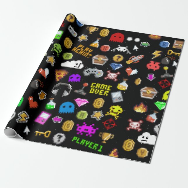 Gamer Retro Pixel Video Gaming Icons Geschenkpapier (Ungerollt)