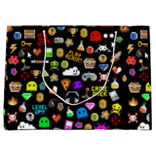 Gamer Retro Pixel Video Gaming Icons Wrapping Pape Große Geschenktüte