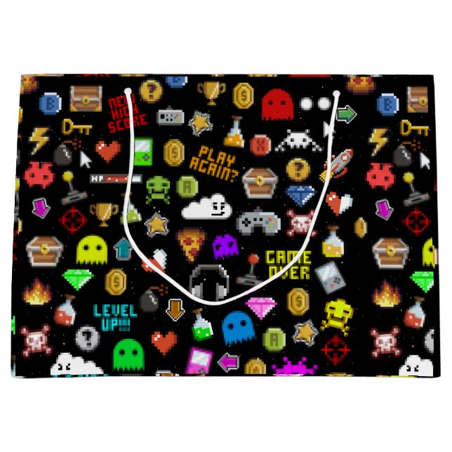 Gamer Retro Pixel Video Gaming Icons Wrapping Pape Große Geschenktüte (Vorderseite)