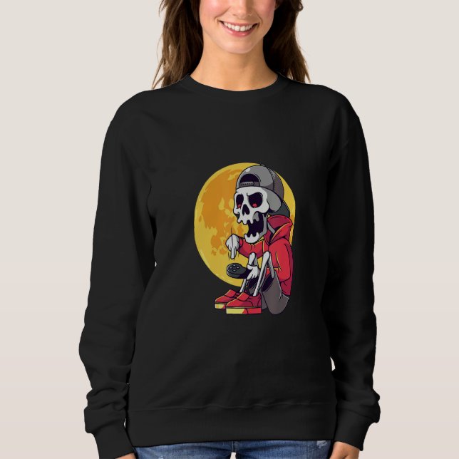 Gamer Skeleton Blood Moon Happy Halloween Day Sweatshirt (Vorderseite)