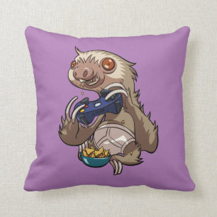Gamer Sloth Eating Nachos in Underpants Cartoon Kissen