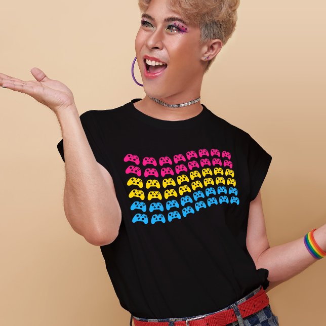Gamer Video Game Controller Pansexual Prix Flag T-Shirt (Mockup of LGBT youth wearing the t-shirt. Photo by our-team on Freepik.)