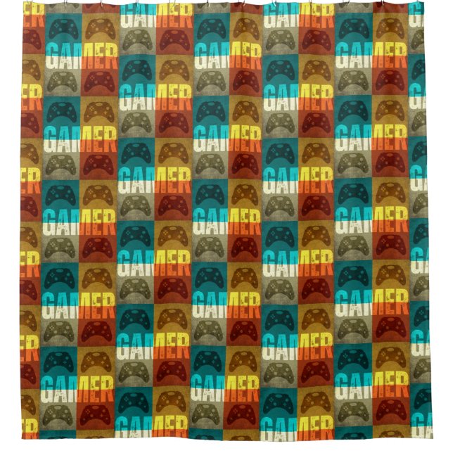 GAMER VINTAG VIDEO GAME CONTROLLER DUSCHVORHANG (Vorderseite)