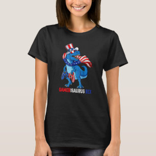 Gamerisaurus Rex Dinosaur Gamer American Flag Juli T-Shirt